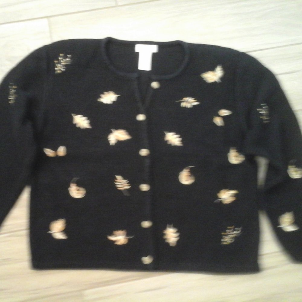 Christopher & Banks Embroidered Black Button Front Sweater Size M